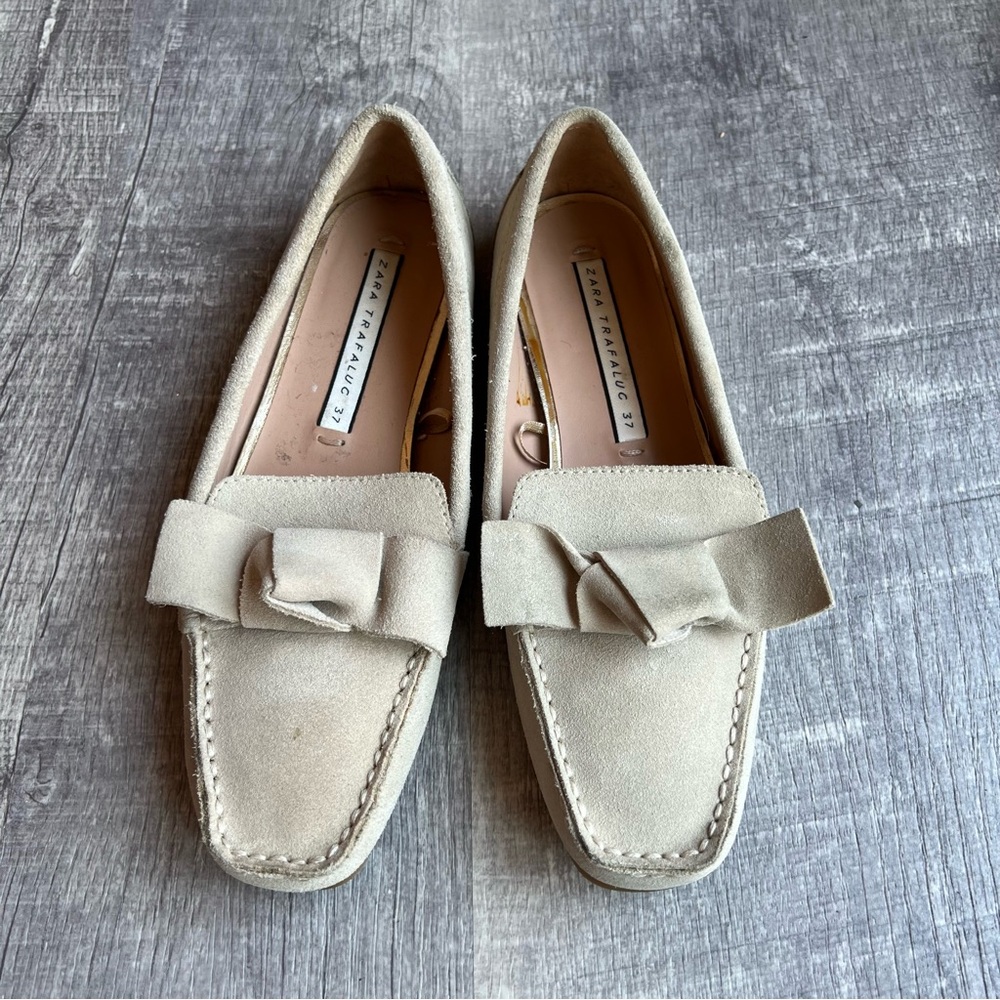 Zara Ice Beige Split Suede Loafers With Bow Moccasin EU37